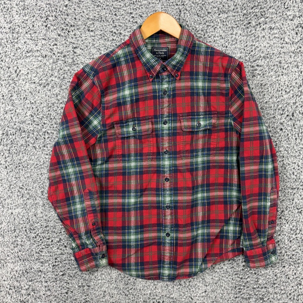 Abercrombie & Fitch Shirt Mens Medium Red Plaid Flannel Button Up Long Sleeve - Picture 2 of 14